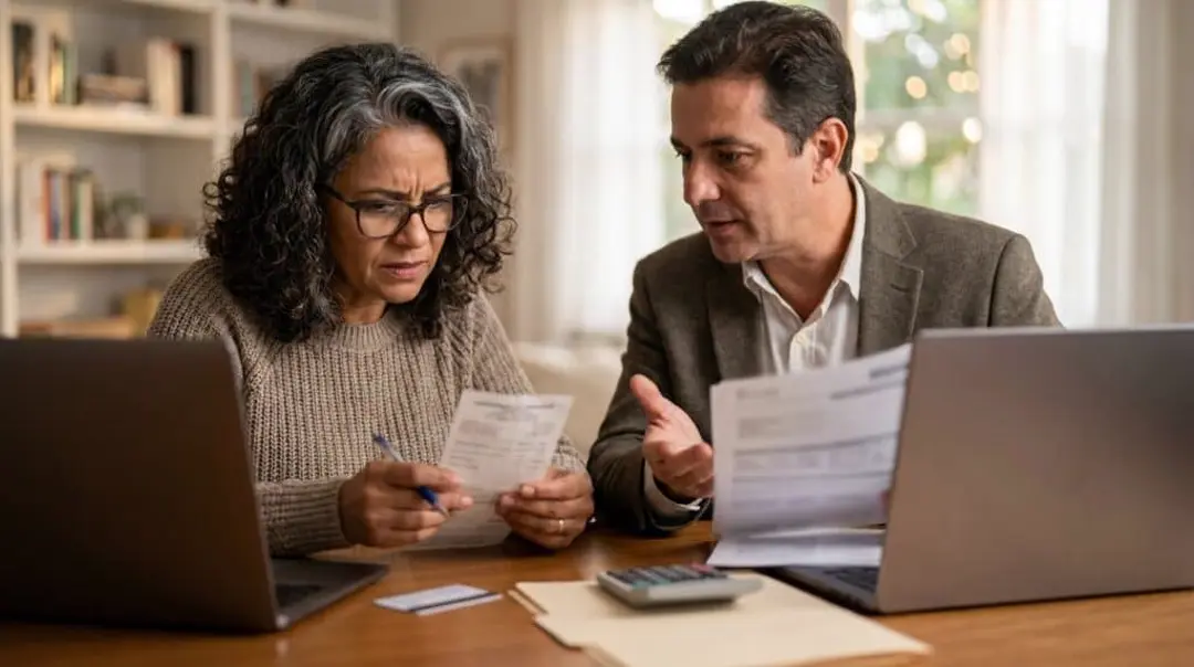 Casal analisando contas e contratos com laptops na mesa, representando a renegociação de contrato com convênio